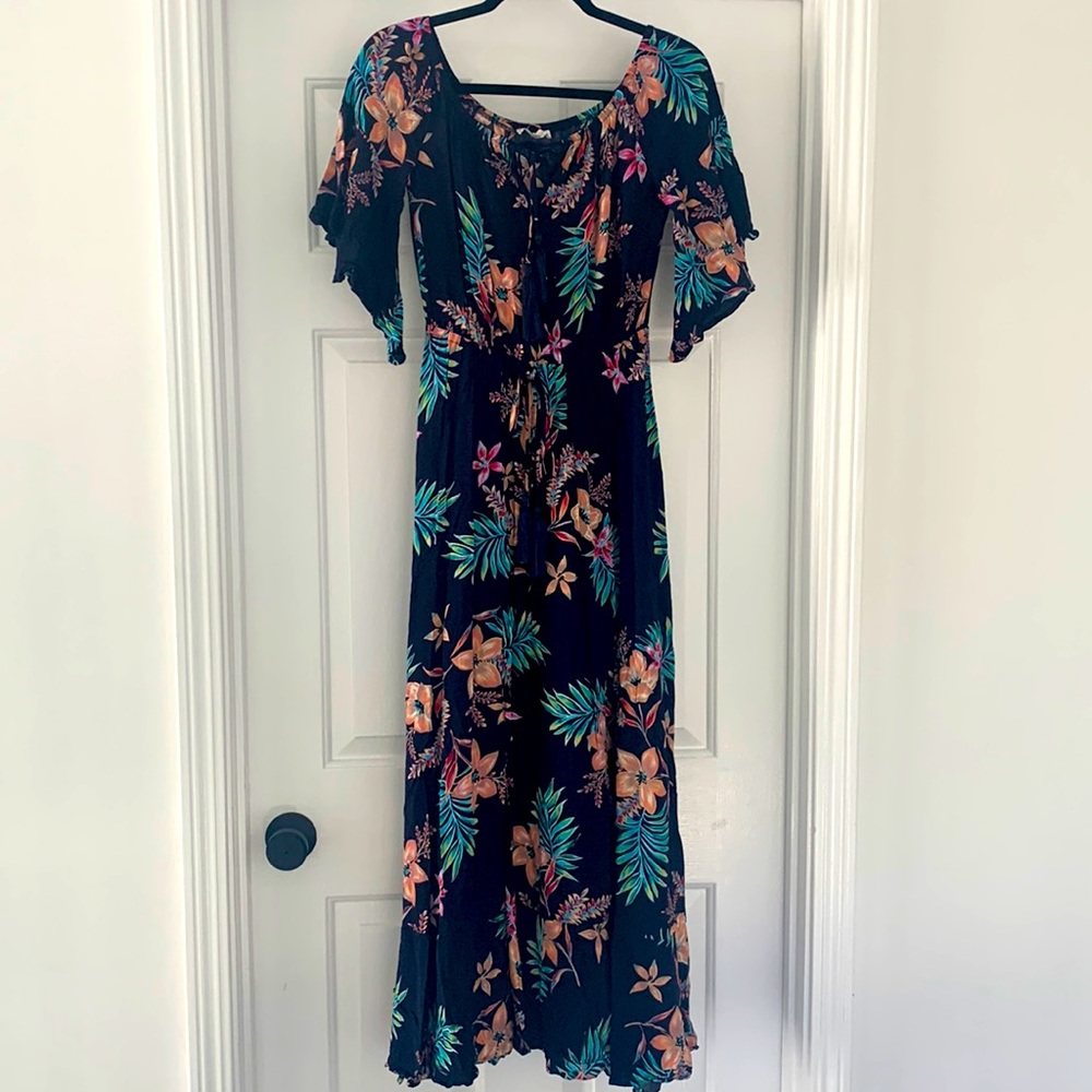 Navy Blue Tropical Floral Dress